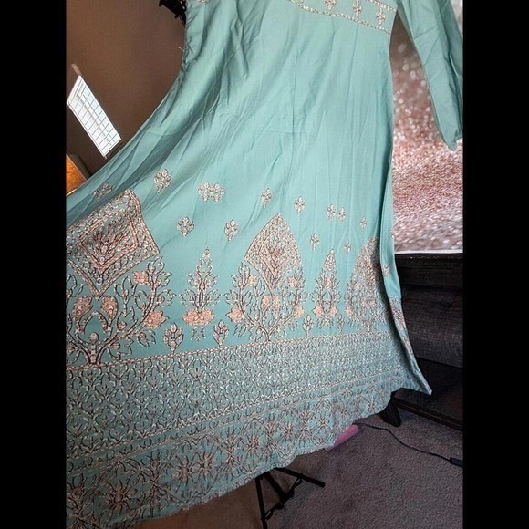 Bohemian Embroidered V Neck Maxi Dress Teal Long Sleeve Flowy Resortwear XL - Picture 5 of 8